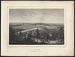 Ansicht der namengebenden Scheunen rechts im Bild, links davon die Bäume des Neustädter Friedhofs auf einer Lithografie von Robert Bürger, um 1840