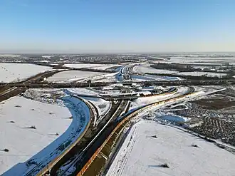 Luftbild des Autobahnknotens im Februar 2021, Blickrichtung Süd