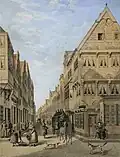 Die Holstenstraße mit dem Hosmannschen Haus vom Markt aus (etwa 1860), Gemälde von Johann Christian Wolters (*1811-†1876)