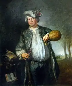 Das Gemälde zeigt einen beleibten Mann in einem offenen hellblauen, silberbestickten Offiziersrock der Leib-Carabiniers mit schwarzem Dreispitz, der sich nach erfolgreicher Entenjagd ein Glas Wein einschenkt. Im Hintergrund ist eine Landschaft zu sehen.