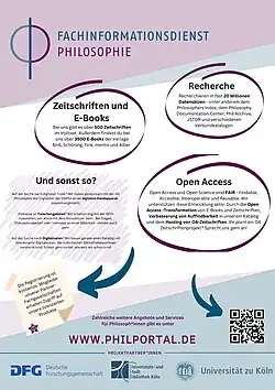 Abbildung: Zu erkennen ist ein digitales Poster des FID Philosophie mit Hinweisen zum Recherchemodul, zu Open-Access- und Journal-Hosting-Angeboten sowie zum Forschungsdatenmanagement und aktuellen Kooperationspartnern. Auf dem oberen Viertel des Posters befindet sich das in Abbildung 1 beschriebene Logo des FID Philosophie. In den zwei darunter liegenden Vierteln sind fünf Textblöcke angeordnet: Textblock 1: Recherche: Wir bieten eine Plattform zur Suche von philosophischer Fachliteratur und Volltexten: u.&nbsp;a. Philosopher’s Index, E-Collection des Philosophy Documentation Center, PhilArchive und zahlreiche weitere Kataloge. Textblock 2: Open Access: Wir begleiten Verlage und die philosophischen Fachgesellschaften bei der Umstellung auf Open Access, um den digitalen Wandel partizipativ und konstruktiv zu gestalten. Textblock 3: Kooperationen: Wir kooperieren mit wissenschaftlichen Instituten, Fachgesellschaften und anderen Fachinformationsdiensten, um das Angebot für die philosophische Fachcommunity zu erweitern und Synergieeffekte zu erzeugen. Textblock 4: Journal Hosting: Wir unterstützen bei der technischen Einrichtung von 0A-Journals sowie bei Indexierung, Zitierfähigkeit, ISSN-Vergabe, Registrierung beim DOAJ, Ablieferungspflicht, Langzeitarchivierung und redaktionellen Workflows. Textblock 5: Forschungsdaten: Wir vermitteln Sie zu Expertinnen innerhalb Nationalen Forschungsdateninfrastruktur (NFDI) e. V., organisieren Workshops und stellen die Sichtbarkeit von Forschungsdaten in bibliothekarischen Nachweissystemen sicher. Im letzten unteren Viertel des Plakats findet sich ein QR-Code, der auf das PhilPortal, das Webportal des FID Philosophie führt, sowie das Logo der Förderinstitution, die Deutsche Forschungsgemeinschaft sowie die das Logo der Universität zu Köln und das Logo der Universitäts- und Stadtbibliothek Köln, an dem der FID eingegliedert ist.