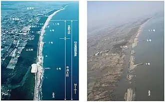 Deiche in Sendai vor (links) und nach dem Tsunami, der 190 der insgesamt 300 km an Küstenschutzanlagen in Japan zerstörte.[27]