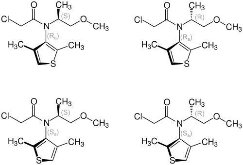 Strukturformeln der vier möglichen Stereoisomere von Dimethenamid}