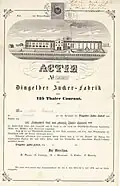 Stempelmarke auf einer Aktie der Dingelber Zucker-Fabrik von 1873