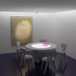 Eine Tisch­platte mit inte­griertem Licht bildet einen visuellen Akzent, leuchtet aber nicht aus, was auf den Tellern ist.