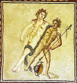 Dionysos stützt sich betrunken auf einen Satyr (Mosaik aus dem Peristylhaus mit dem Dionysosmosaik, Köln)