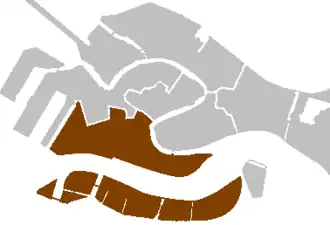 Lage von Dorsoduro in der Altstadt von Venedig, einschließlich der südlich vorgelagerten Inseln Giudecca, Sacca Fisola und Sacca San Biagio (von Ost nach West)