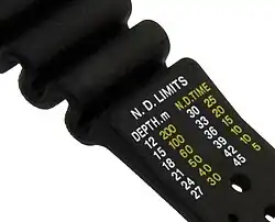Armband einer Taucheruhr mit aufgedruckter Dekompressionstabelle