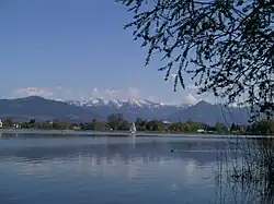 V: Teil des Harder Seeufers vom grünen Damm aus gesehen