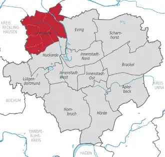 Lage des Dortmunder Stadtbezirks Mengede innerhalb Dortmunds.