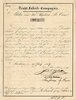 Aktie der Draht-Fabrik-Compagnie über 400 Talern, ausgestellt in Aachen am 30. Juni 1837, im Original unterschrieben von dem Gründer Friedrich Thyssen und von Dr. Johann Peter Joseph Monheim, Mitglied des ersten Verwaltungsrats der Compagnie