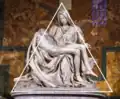 Trotz der kleinteiligen, unruhig differenzierten Gestaltung entsteht durch die Dreieckskomposition eine stabile Harmonie. Michelangelo: Pietà, 1498–1499.