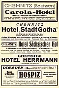 Werbung von 1924 für das Carola-Hotel, das Hotel Stadt Gotha, den Sächsischen Hof und das Hotel Herrmann