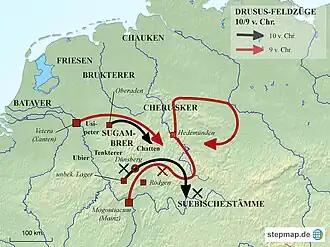 Landkarte der Drususfeldzüge in den Jahren 10 und 9 v. Chr.