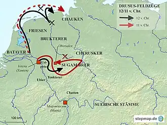 Landkarte der Drususfeldzüge der Jahre 12 und 11&nbsp;v.&nbsp;Chr.