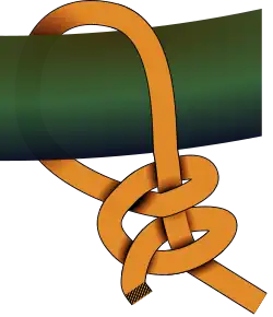 Rechtsgängiger Törn um den Balken und zwei rechtsgängige „Halbe Schläge“ um die stehende Part.