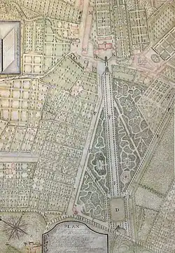 Plan des Hofgartens, 1775 mit Schloss Jägerhof (I) als Point de vue der Hauptachse des Hofgartens (F) und Lindenallee (E)