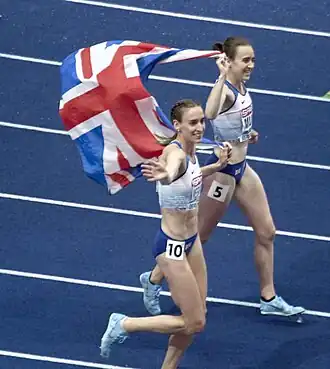 Die Britinnen Laura&nbsp;Muir (rechts, Nr.&nbsp;5) – Rang vier – und Laura&nbsp;Weightman – Rang sechs – hier bei den Europameisterschaften&nbsp;2018