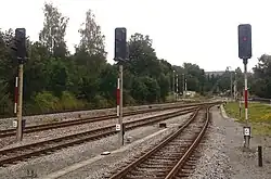 EZMG-Stellwerk mit (angepassten) Signalen der Bauart WSSB in Thalheim (Erzgeb.)