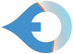 Ein blaues Logo, das aus den zwei zu einem Kreisring verschmolzenen Buchstaben E und O besteht. Auf der linken Seite läuft das E spitz aus.