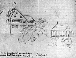 Georgii-Haus, rechts: Gartensaal. Zeichnung von Eduard Mörike, vor&nbsp;1861.