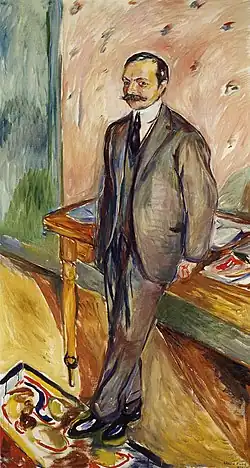 Bildnis von Wilhelm Wartmann, 1923, das Gemälde entstand im Auftrag von Alfred Rütschi im Grand Hotel Dolder im Anschluss an Wartmanns erste grosse Munch-Ausstellung 1922.[36]