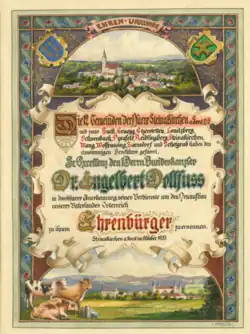 Ehrenbürgerurkunde Engelbert Dollfuss in Steinakirchen am Forst