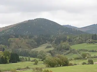 Der Eichelnkopf bei Herzberg am Harz, rechts im Hintergrund der Große Knollen mit Aussichtsturm
