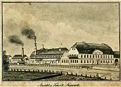 Ansicht des Verwaltungsgebäudes auf einer Firmendarstellung, bezeichnet als Fabrik Steinmetz (um 1840)