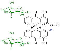 Für R = COOH handelt es sich um Sennosid A, für R = CH2OH um Sennosid B (Die grüne Markierung ist Glucose).