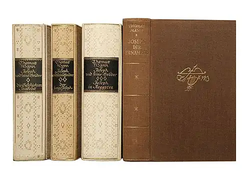 Einbände der Erstausgaben der vier Romane der Tetralogie „Joseph und seine Brüder“