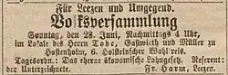 Einladung zur Volksversammlung Leezen u. U., erschienen im Neuen Sozial-Demokrat am 26.06.1874