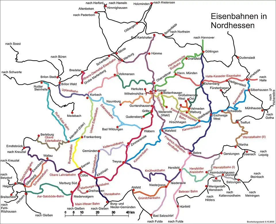 Lage der Rhene-Diemeltalbahn im Streckennetz von Nordhessen.