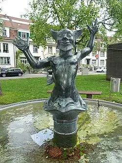 Emil Knöll (1889–1972) Bildhauer, Auftrag 1941 von Kunstkredit Basel-Stadt für den Arbeitsrappenbrunnen, Aufgestellt 1943, Kant. Handelsschule/Andreas-Heusler-Strasse, Basel