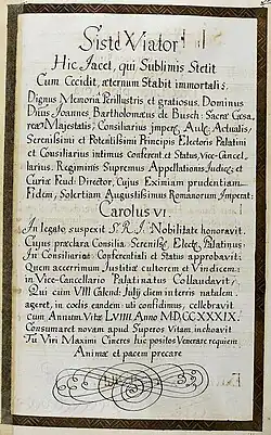 Epitaphinschrift Johann Bartholomäus von Busch, aus dem Thesaurus Palatinus