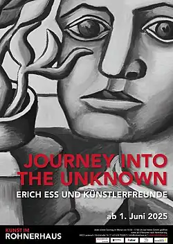 Erich Ess - Journey into the Unknown - Ausstellungsplakat - 2025, zu sehen ist der Ausschnitt eines Bildes mit Kopf und Blumenvase, geometrisiert in schwarz-weiß.