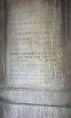 Ernst Friedrich Miescher (1905–1990) Physiker. Familiengrab auf dem Friedhof Wolfgottesacker, Basel. 1941 wurde er zum ausserordentlichen Professor für Experimentalphysik, insbesondere der Spektroskopie, an der Universität Basel ernannt.