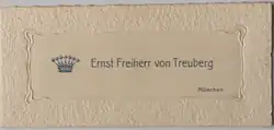 Visitenkarte mit Freiherrenkrone des Ernst Freiherr von Treuberg, eines Enkels von Eginhard Freiherr von Treuberg