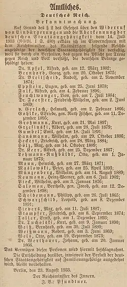 Heinrich Mann wurde bereits auf der ersten Ausbürgerungsliste vom 25. August 1933 nach der NS-Machtübernahme aufgelistet