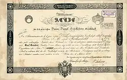 Gründeraktie der k.k. ersten Donau-Dampfschiffahrts-Gesellschaft über 500 Gulden, ausgestellt auf den Bankier S. M. von Rothschild in Wien am 1. März 1838, eigenhändig unterschrieben von dem Großhändler und Bankier Johann Simon von Sina und von dem Bankier und Großindustriellen Freiherrn von Pereira-Arnstein