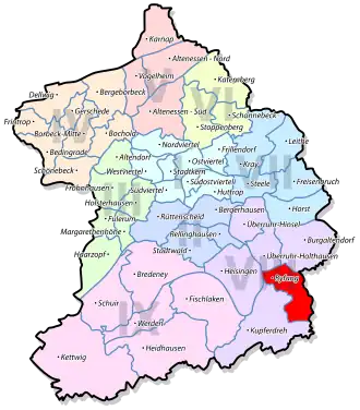 Lage von Byfang im Stadtbezirk VIII Essen-Ruhrhalbinsel