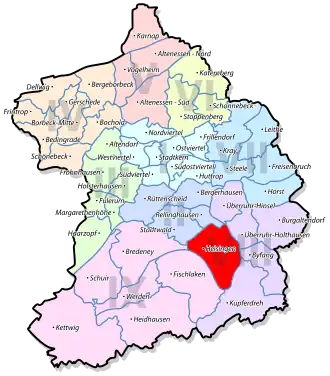 Lage von Heisingen im Stadtbezirk VIII Essen-Ruhrhalbinsel