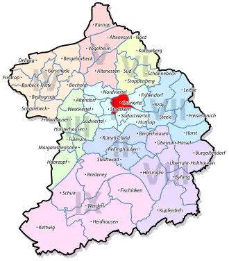 Lage von Ostviertel im Stadtbezirk I Stadtmitte/Frillendorf/Huttrop