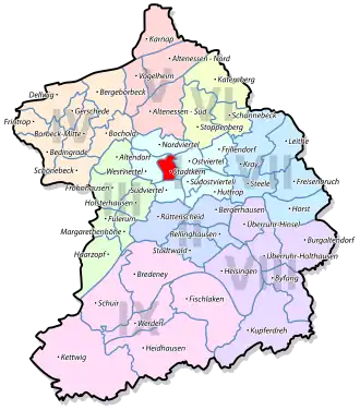 Lage von Stadtkern im Stadtbezirk I Stadtmitte/Frillendorf/Huttrop