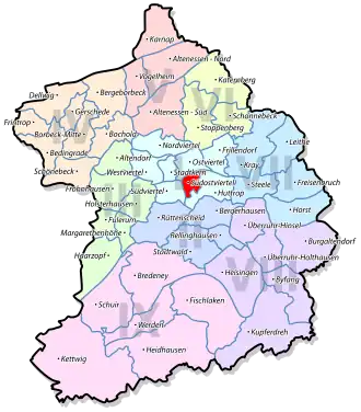 Lage von Südostviertel im Stadtbezirk I Stadtmitte/Frillendorf/Huttrop