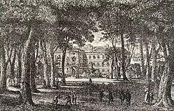 Blick vom Esterházypark zur Ostfassade des Mariahilfer Gymnasiums (ehemals Palais Kaunitz-Esterházy), Anton Peisker, Lithographie 1880