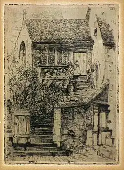 Bleistiftzeichnung einer Hausfassade mit Steintreppe bis zum ersten Stock