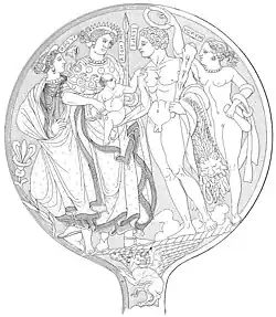 Menrva und Hercle zusammen mit einem Kind (350 v.&nbsp;Chr.)