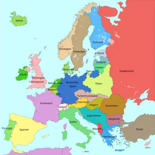 Veränderungen der politischen Grenzen Europas durch den Ersten Weltkrieg (links: 1914, rechts: 1929)