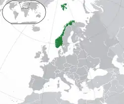 Europakarte, in der sowohl das norwegische Festland sowie das weiter nördlich gelegene Spitzbergen und das nordöstlich von Island gelegene Jan Mayen grün markiert ist